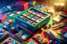 carte da gioco collezionabili e accessori su un playmat dai colori vivaci