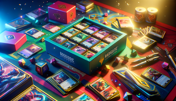 carte da gioco collezionabili e accessori su un playmat dai colori vivaci
