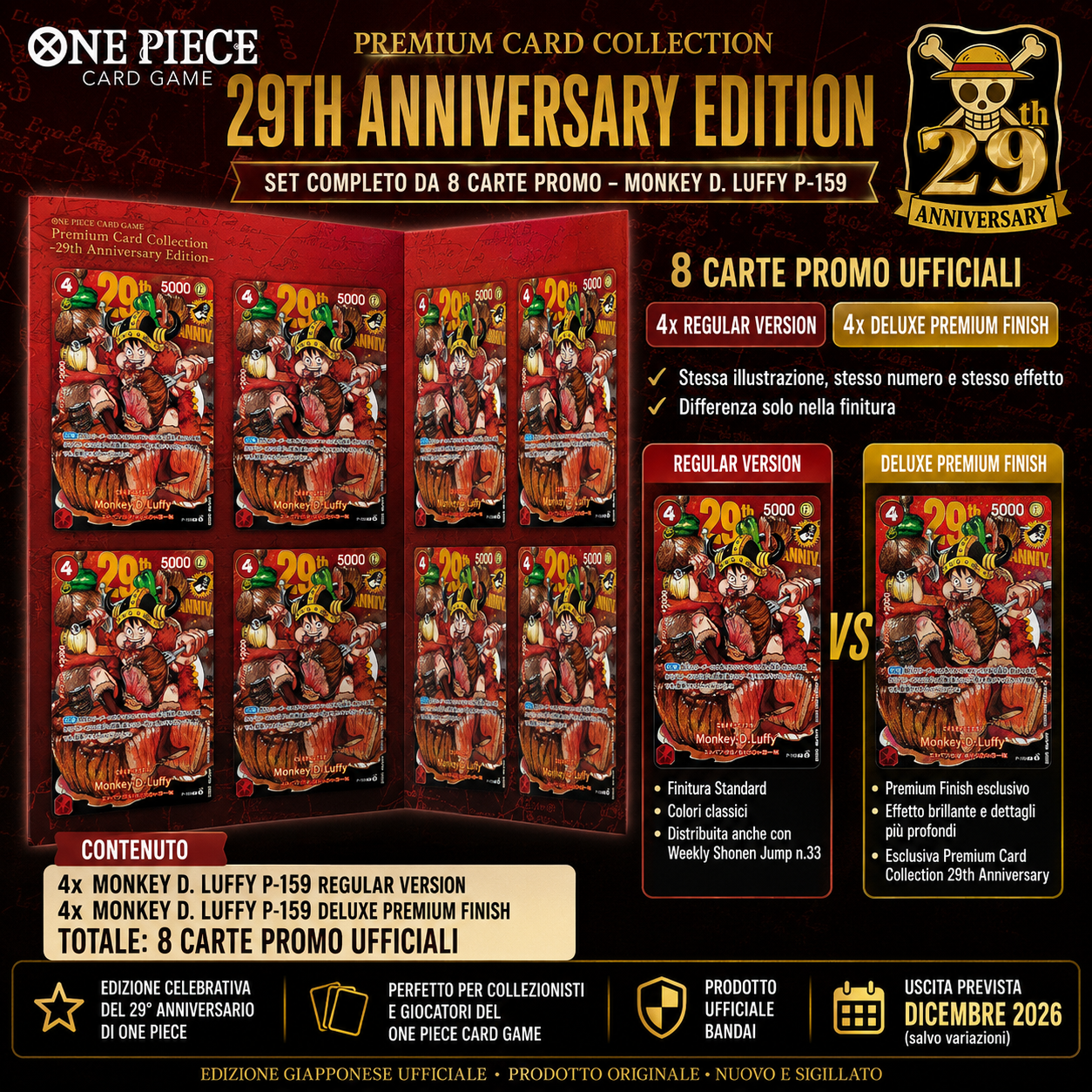 One Piece Card Game Premium Card Collection 29th Anniversary Edition Luffy P159 Set Completo 8 Carte Promo JAP