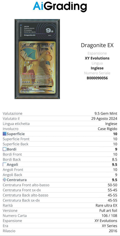 Dragonite EX Evolutions XY 106/108 Gradata AiGrading Voto 9,5 - B000090056