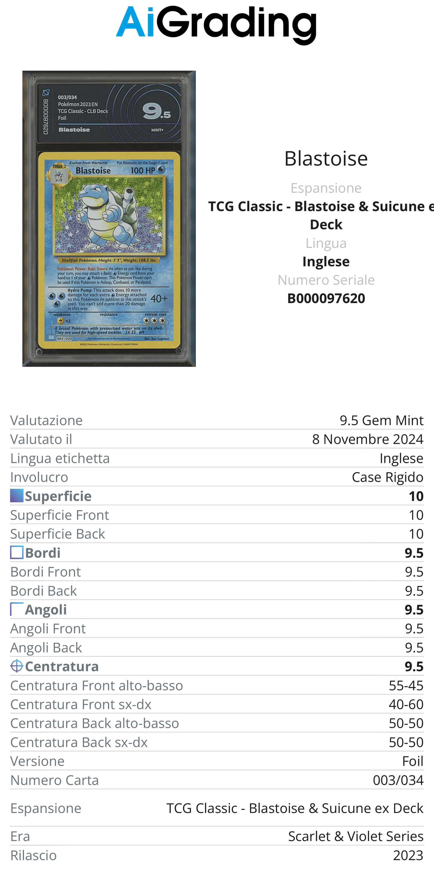 Blastoise TCG Classic Gradata AiGrading Voto 9,5 - B000097620 -