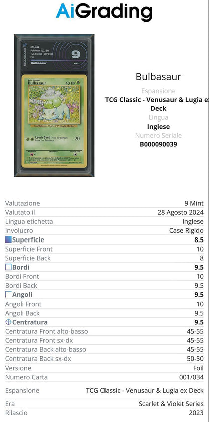 Bulbasaur Tcg Classic 001/034 Gradata AiGrading Voto 9 - B000090039 -