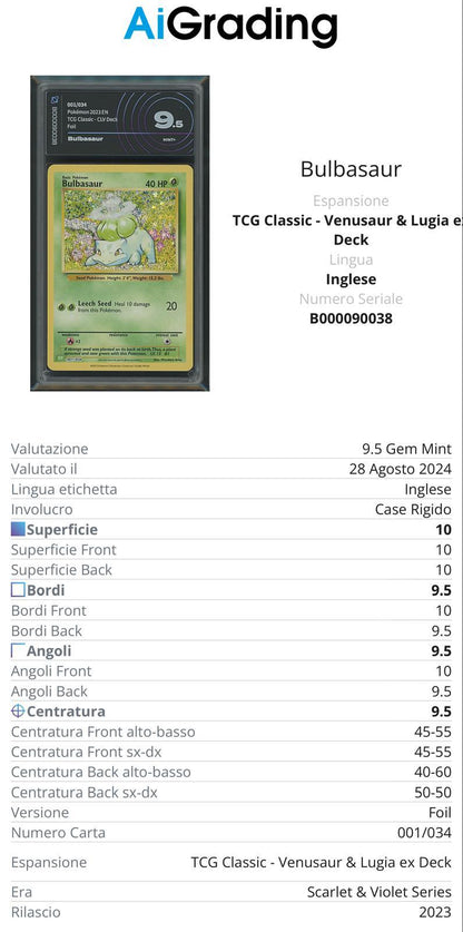 Bulbasaur Tcg Classic 001/034 Gradata AiGrading Voto 9,5 - B000090038 -