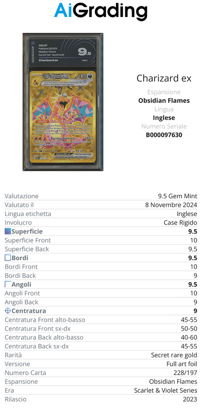 Charizard EX Full Art Obsidian Flames AiGrading Voto 9,5 - B000097630 -