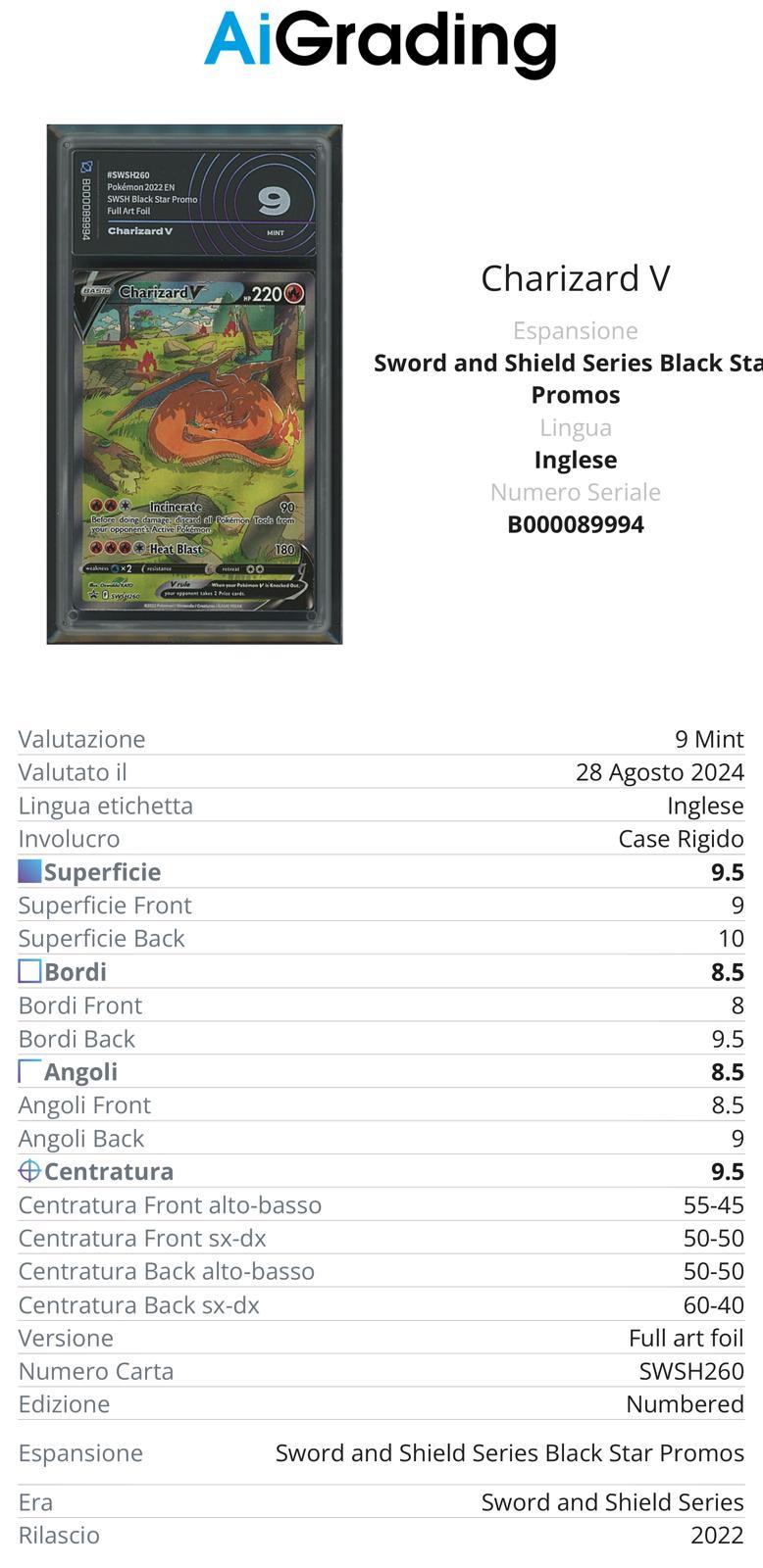 Charizard V Black Star Promo SWSH260 Gradata AiGrading Voto 9 - B000089994 -