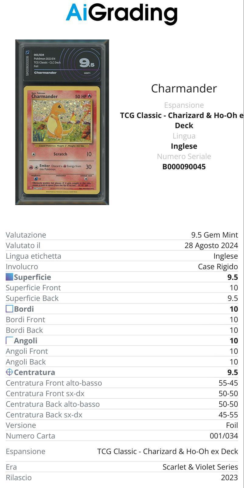 Charmander Tcg Classic 001/034 Gradata AiGrading Voto 9,5 - B000090045 -