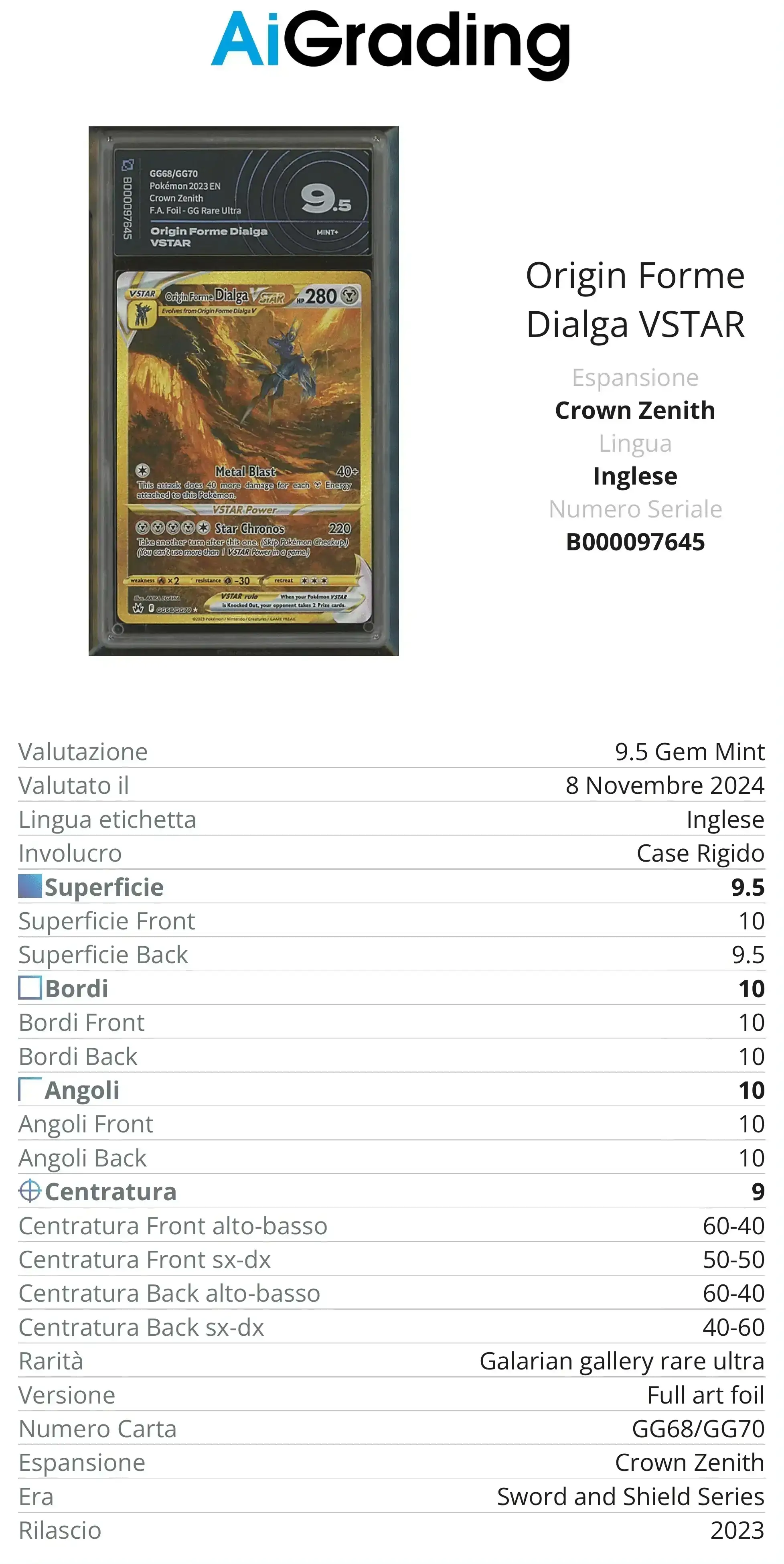 Dialga Vstar Gold Crown Zenith AiGrading Voto 9,5 - B000097645