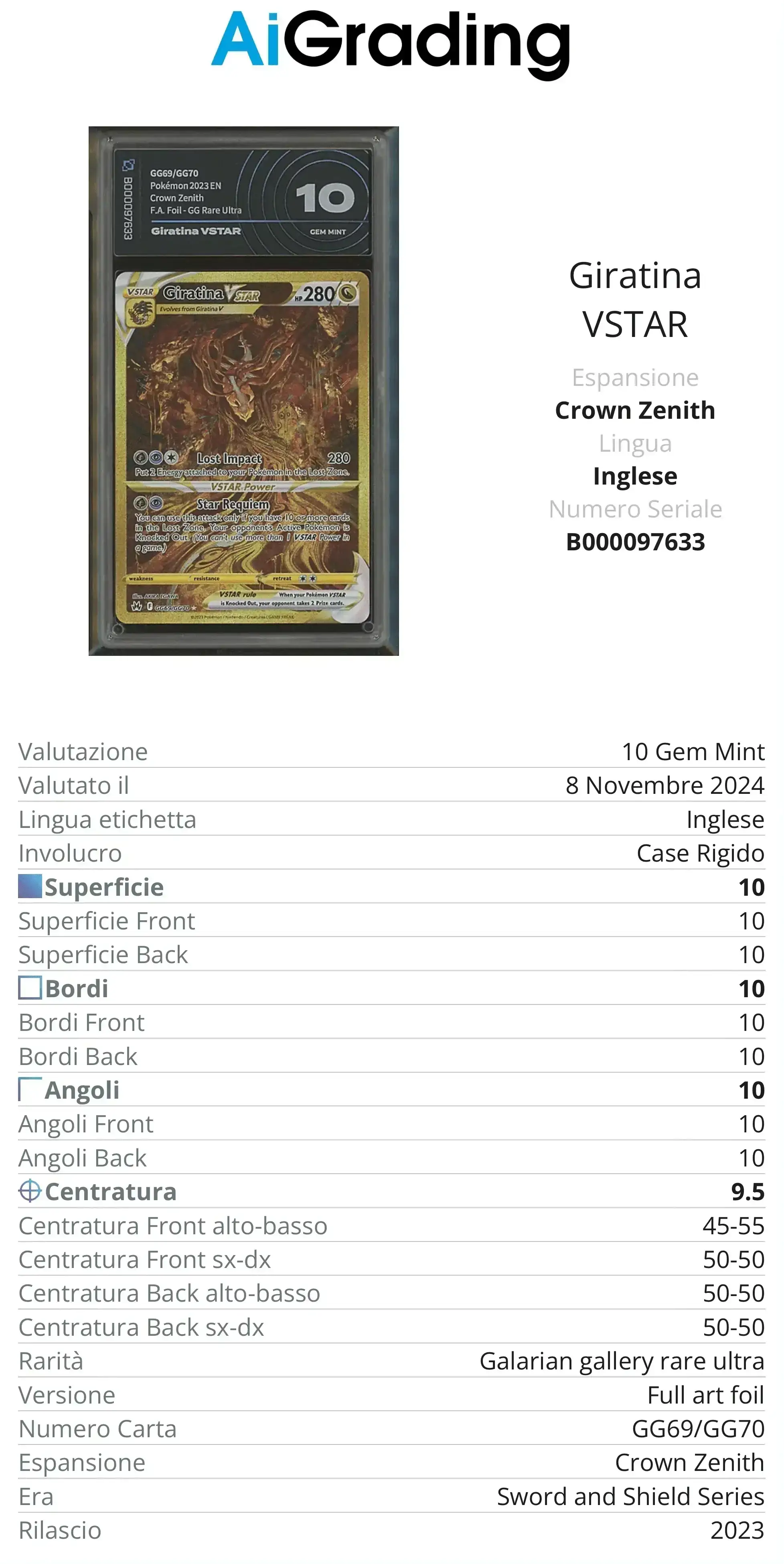Giratina Gold Crown Zenith AiGrading Voto 10 - B000097633