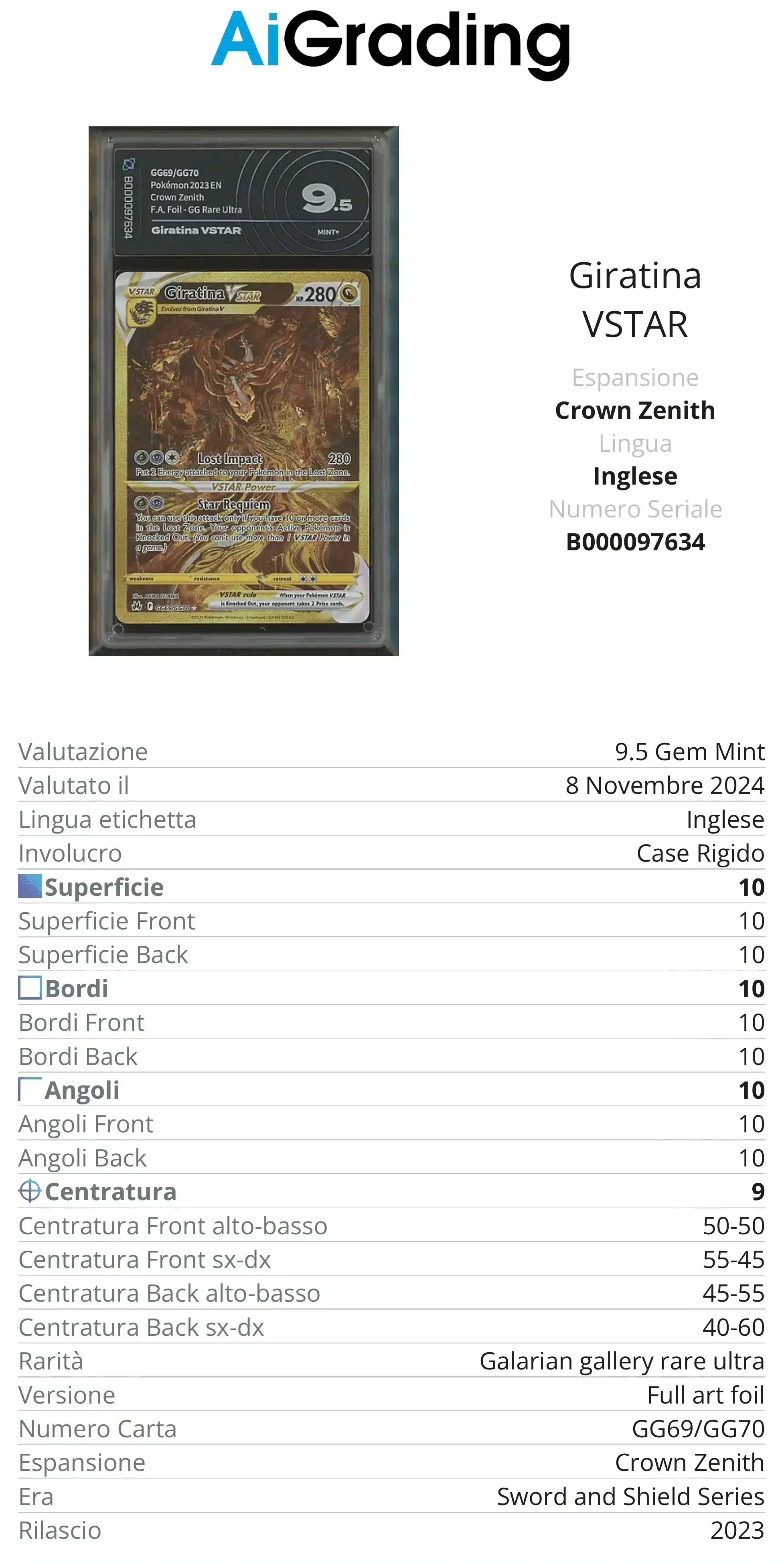 Giratina Gold Crown Zenith AiGrading Voto 9,5 - B000097634