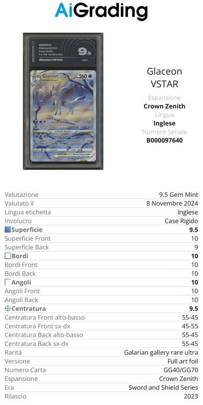 Glaceon Vstar Full Art Crown Zenith AiGrading Voto 9,5 - B000097640 -