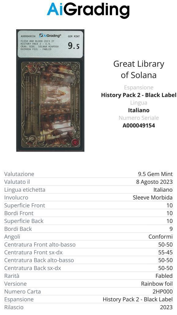 Grande Biblioteca di Solana History Pack 2 Flesh and Blood ITA Fabled Raimbow Foil 9,5 Toploader