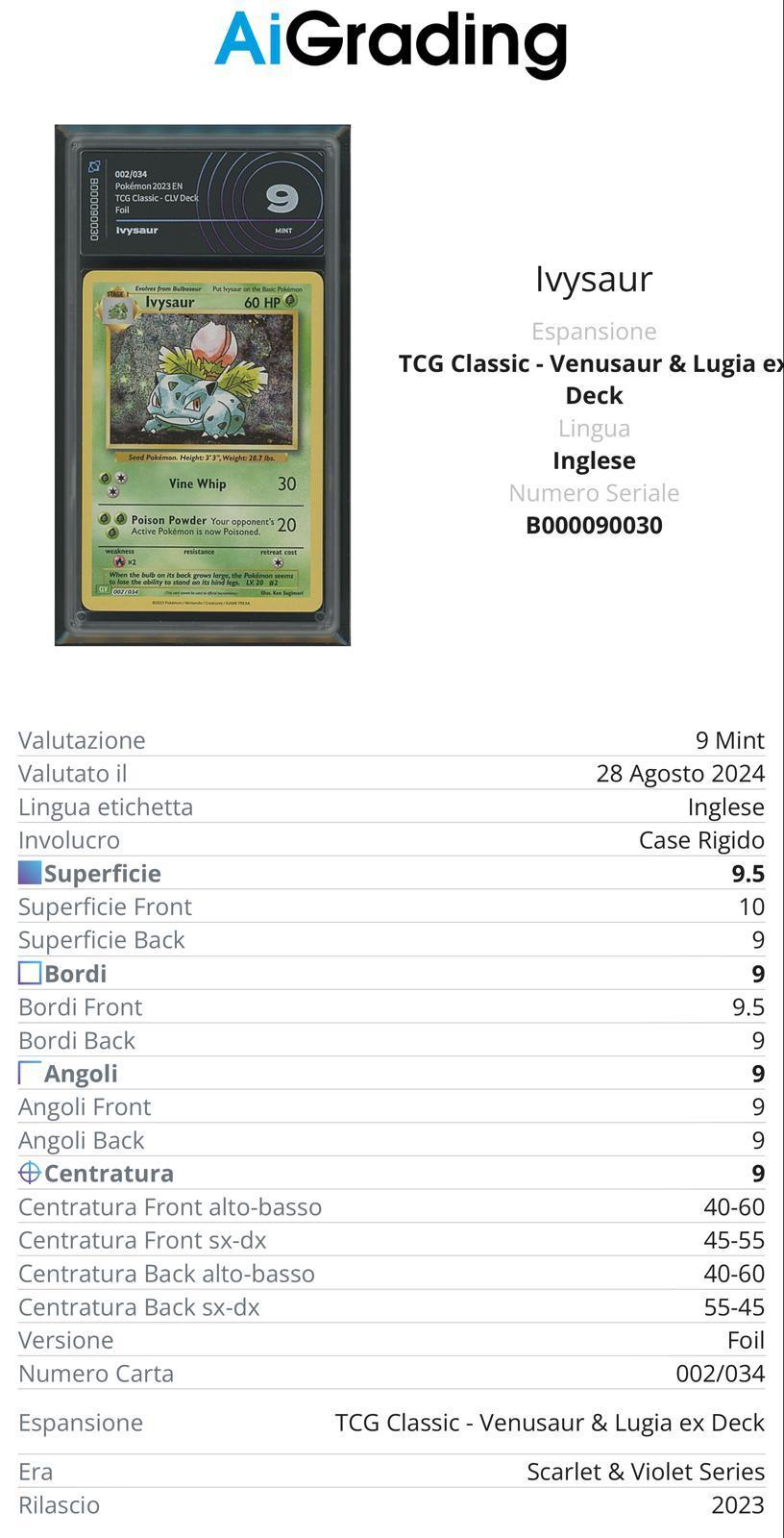 Ivysaur Tcg Classic 002/034 Gradata AiGrading Voto 9 - B000090030 -