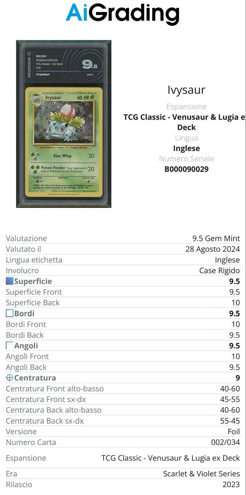 Ivysaur Tcg Classic 002/034 Gradata AiGrading Voto 9,5 - B000090029