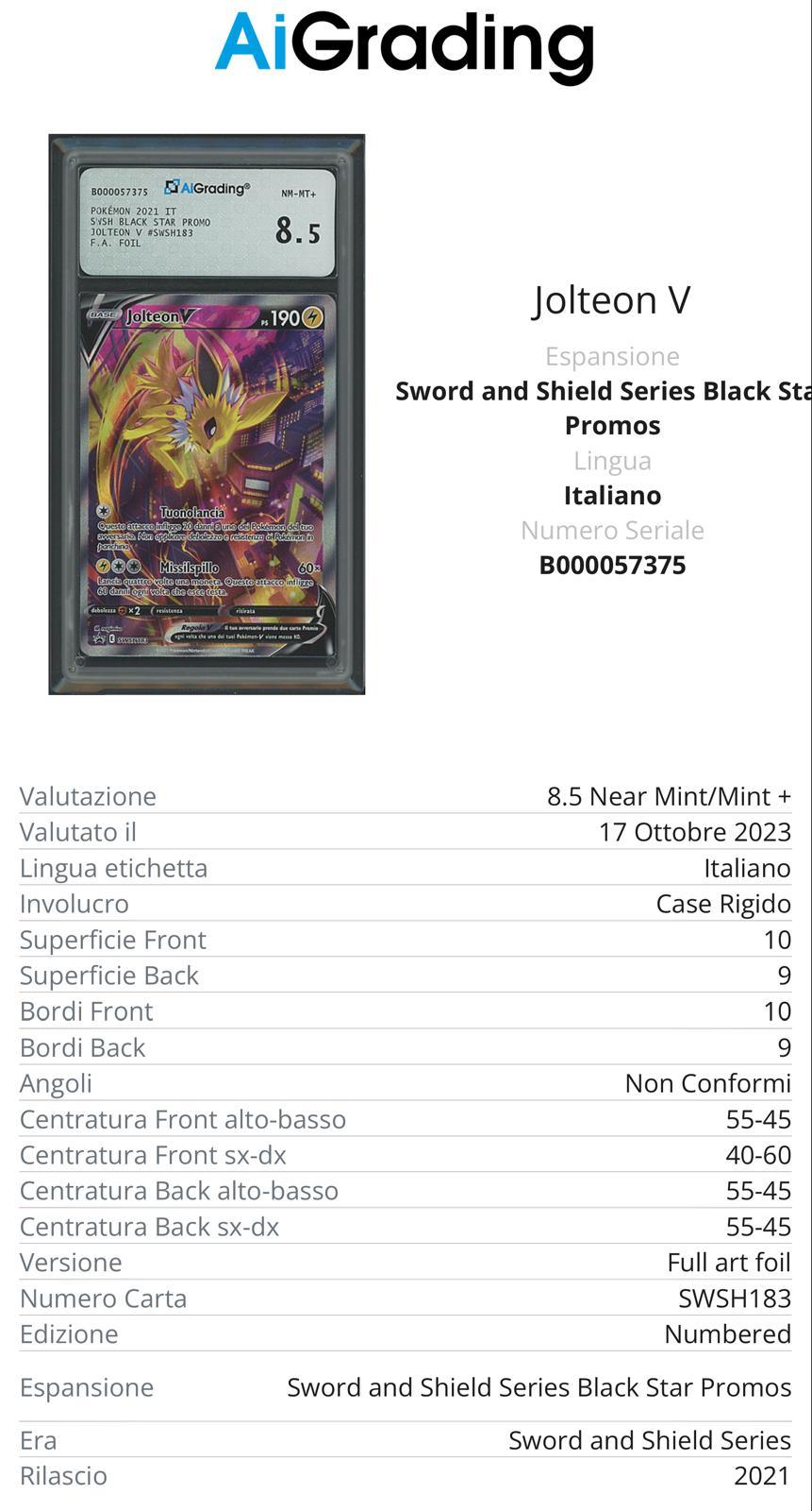 Jolteon V Black Star Promo SWSH183 Full Art Foil Gradata 8,5 -