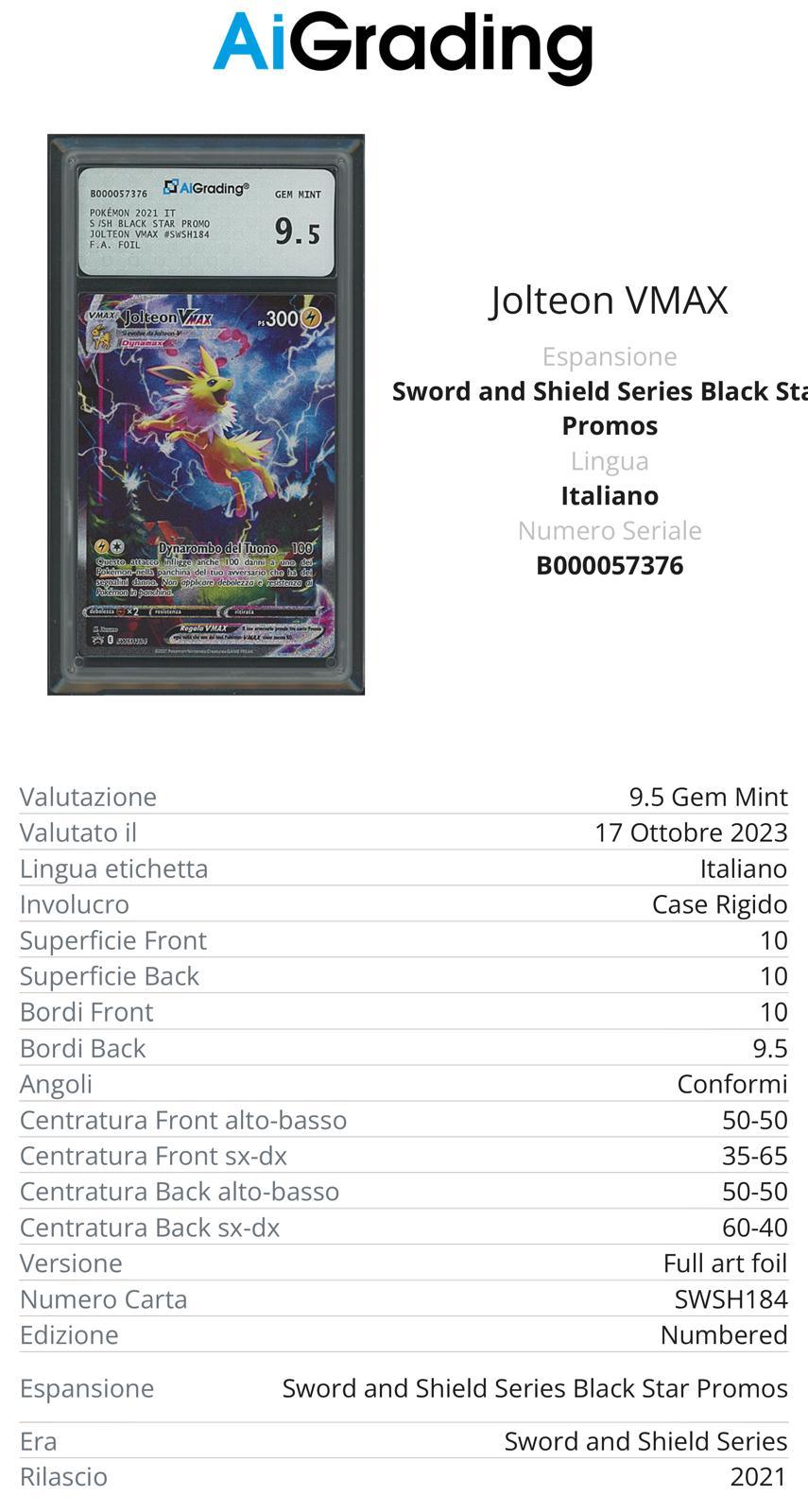 Jolteon VMax Black Star Promo SWSH184 Full Art Foil Gradata 9,5 -