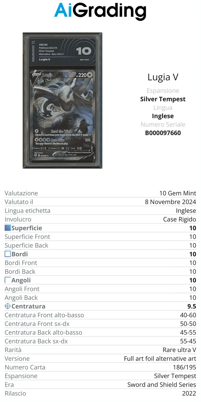 Lugia V Full Art Silver Tempest AiGrading Voto 10 - B000097660