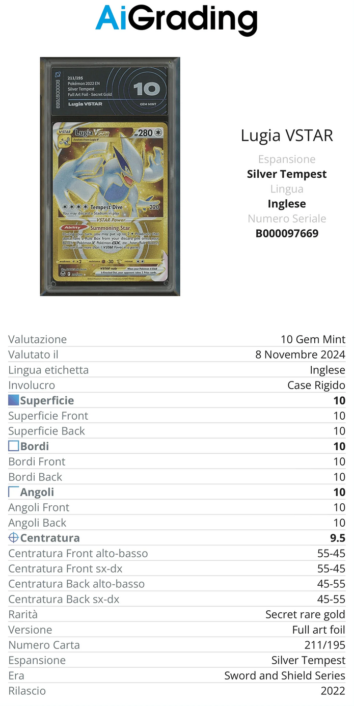 Lugia V Star Gold Silver Tempest AiGrading Voto 10 - B000097669