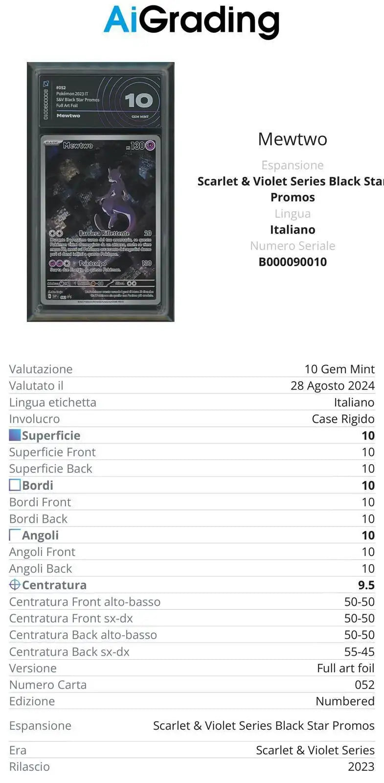 Mewtwo Black Star Promo 052 151 Gradata AiGrading Voto 10 - B000090010