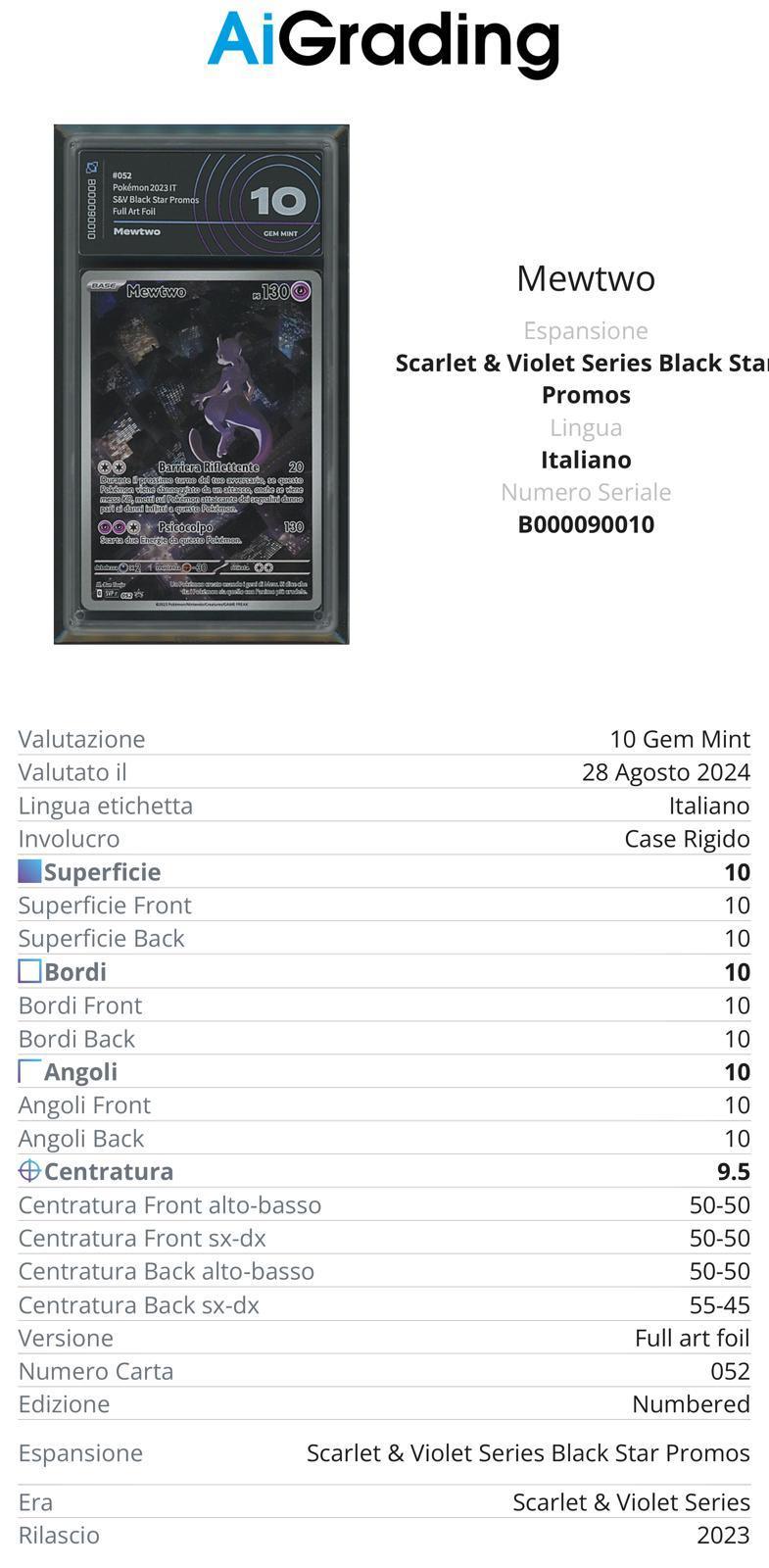 Mewtwo Black Star Promo 052 151 Gradata AiGrading Voto 10 - B000090010 -