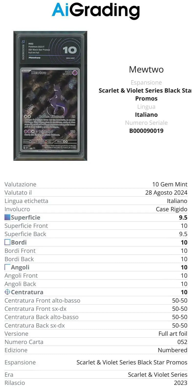 Mewtwo Black Star Promo 052 151 Gradata AiGrading Voto 10 - B000090019