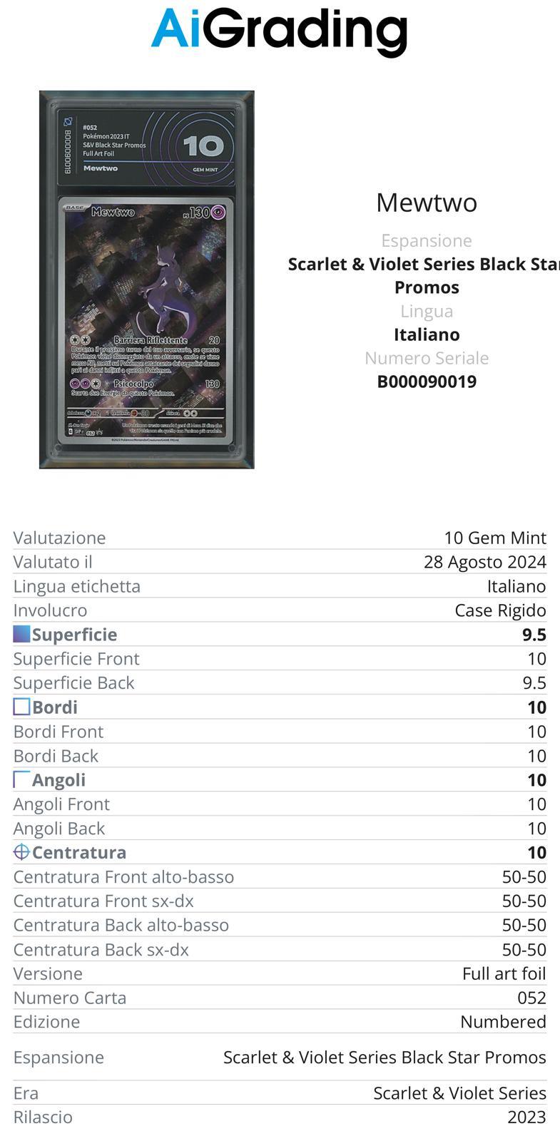 Mewtwo Black Star Promo 052 151 Gradata AiGrading Voto 10 - B000090019 -