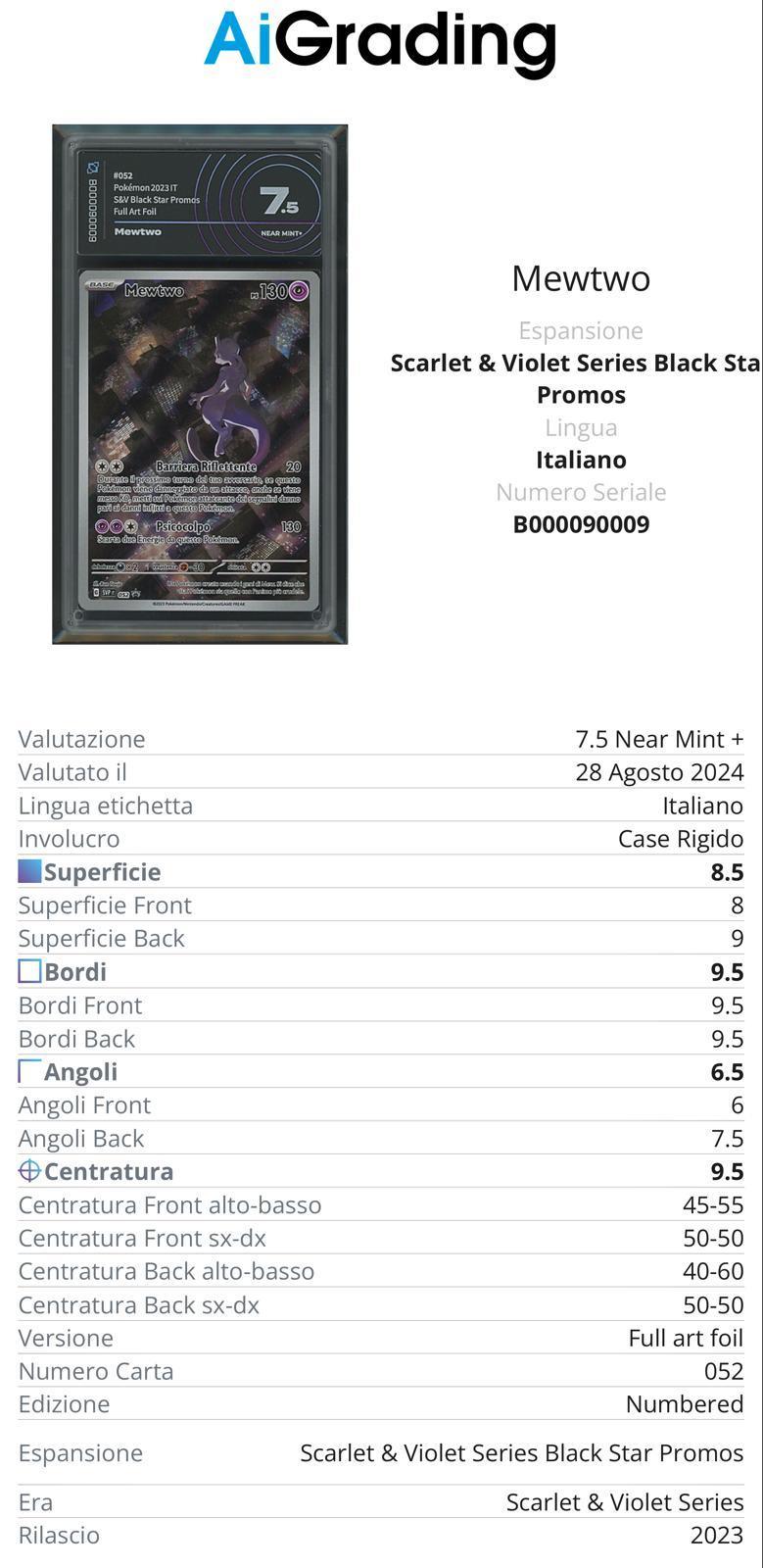 Mewtwo Black Star Promo 052 151 Gradata AiGrading Voto 7,5 - B000090009 -