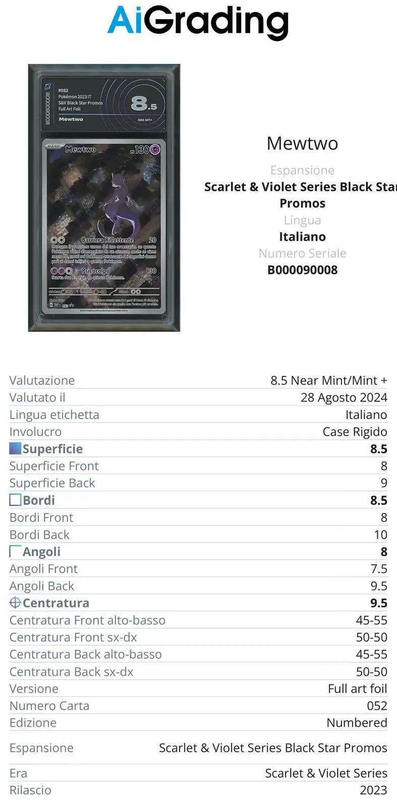 Mewtwo Black Star Promo 052 151 Gradata AiGrading Voto 8,5 - B000090008