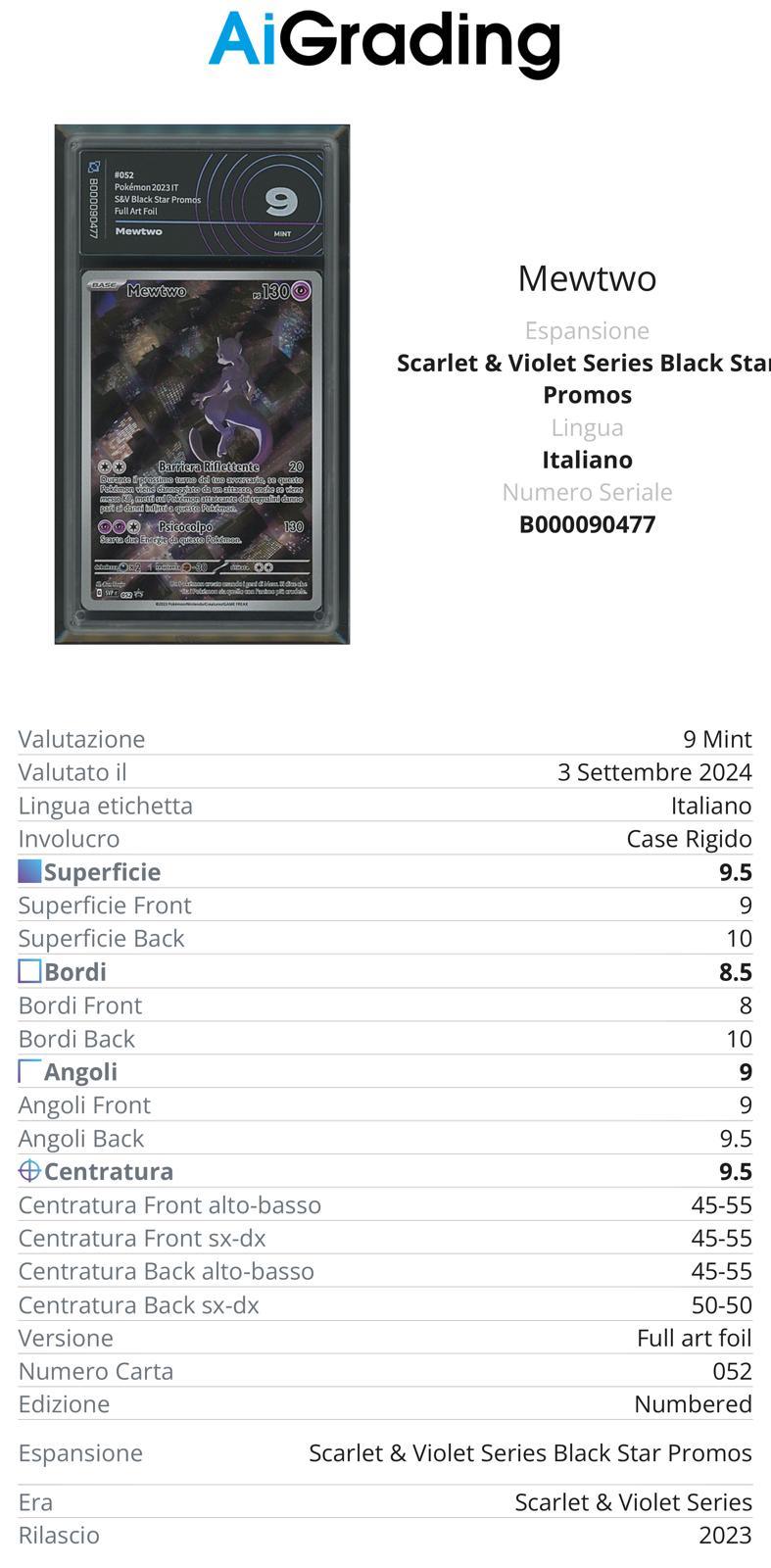 Mewtwo Black Star Promo 052 151 Gradata AiGrading Voto 9 - B000090477 -