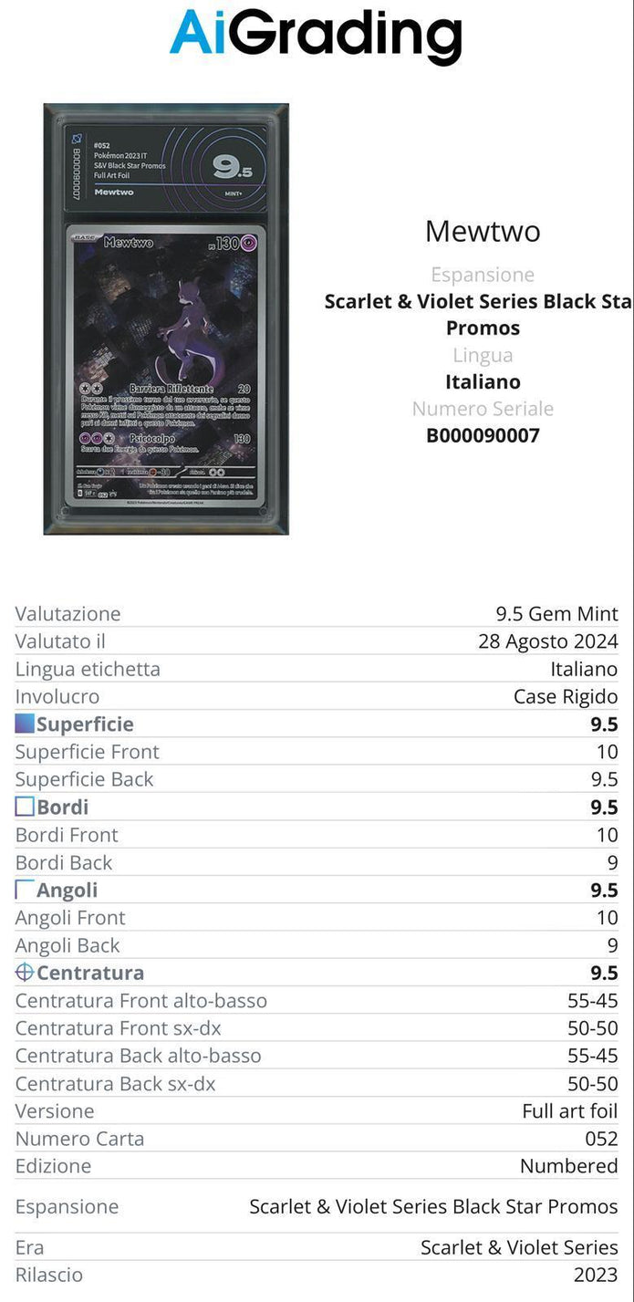 Mewtwo Black Star Promo 052151 Gradata AiGrading Voto 9,5 - B000090007