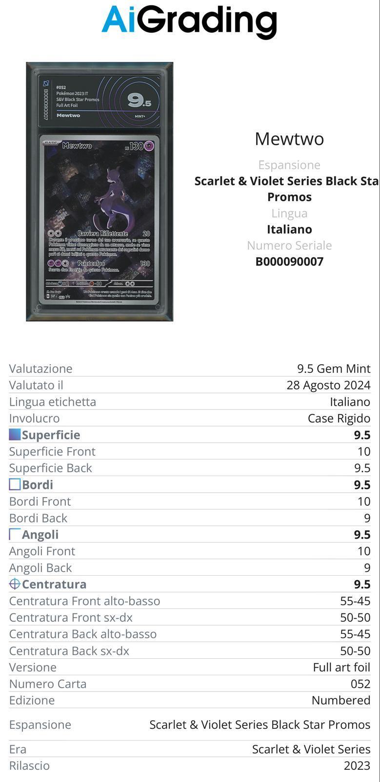 Mewtwo Black Star Promo 052151 Gradata AiGrading Voto 9,5 - B000090007 -