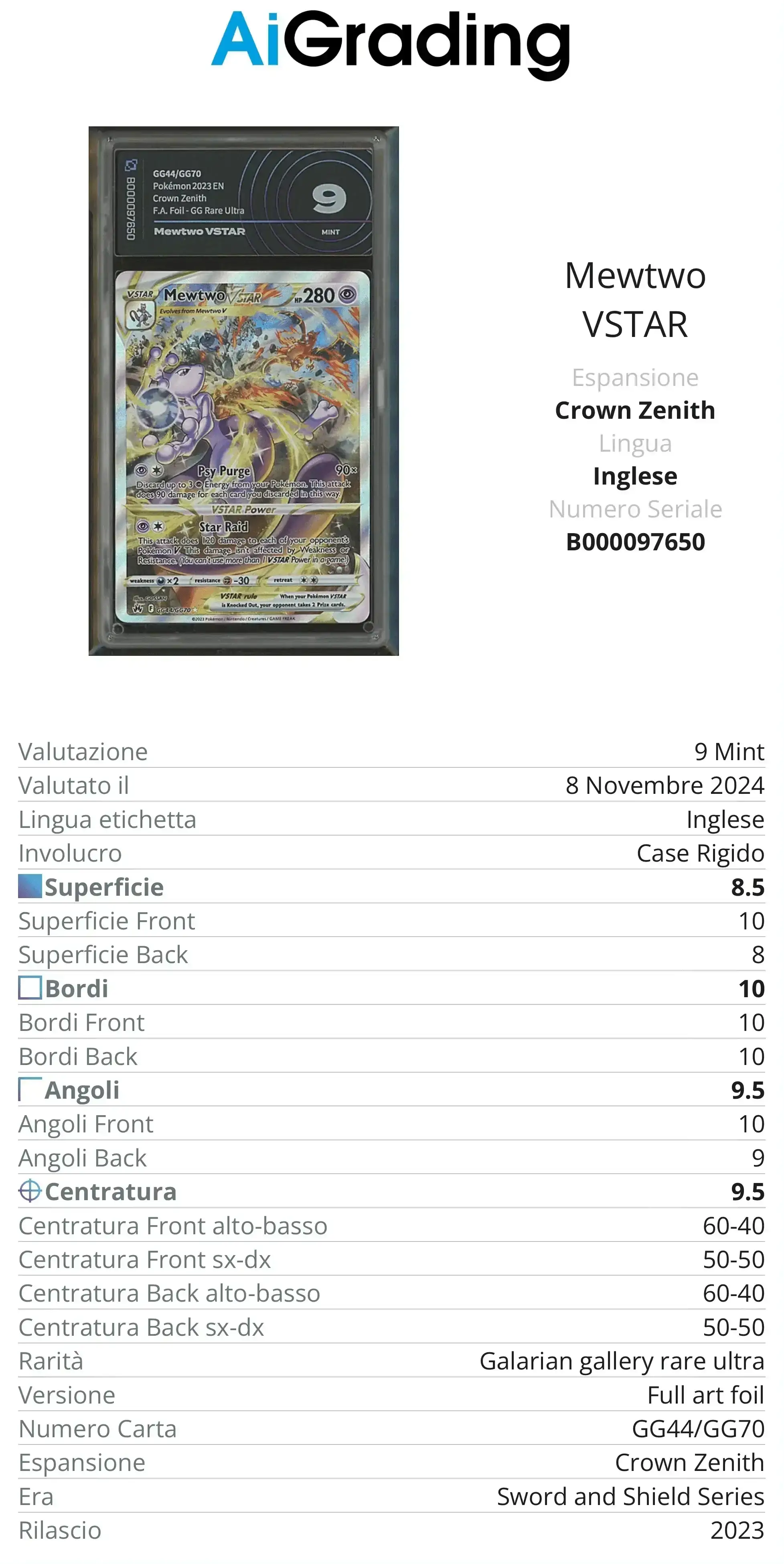 Mewtwo Vstar Crown Zenith AiGrading Voto 9 - B000097650