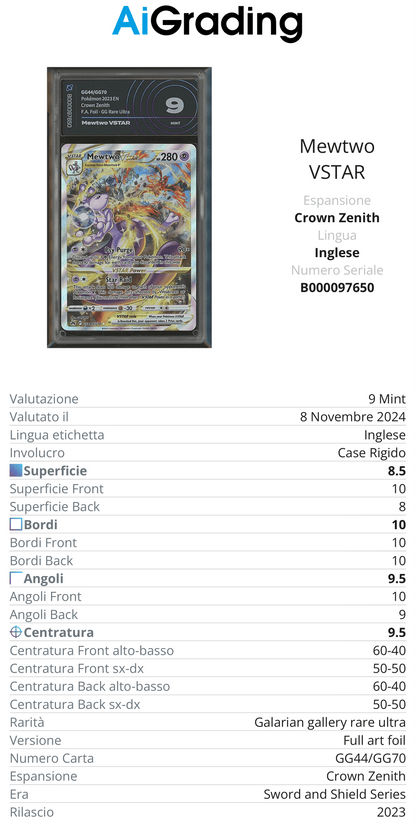 Mewtwo Vstar Crown Zenith AiGrading Voto 9 - B000097650 -