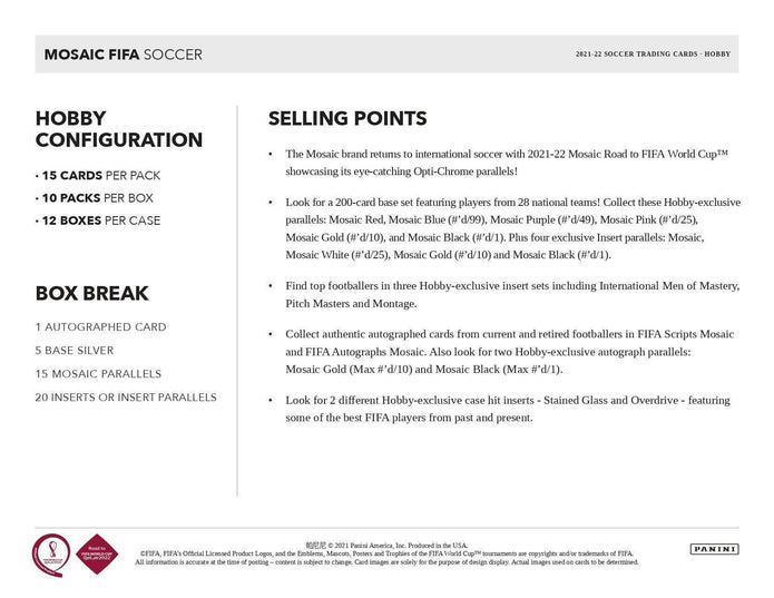 Panini Mosaic Road To Fifa World Cup Soccer 2021-22 - Hobby Box