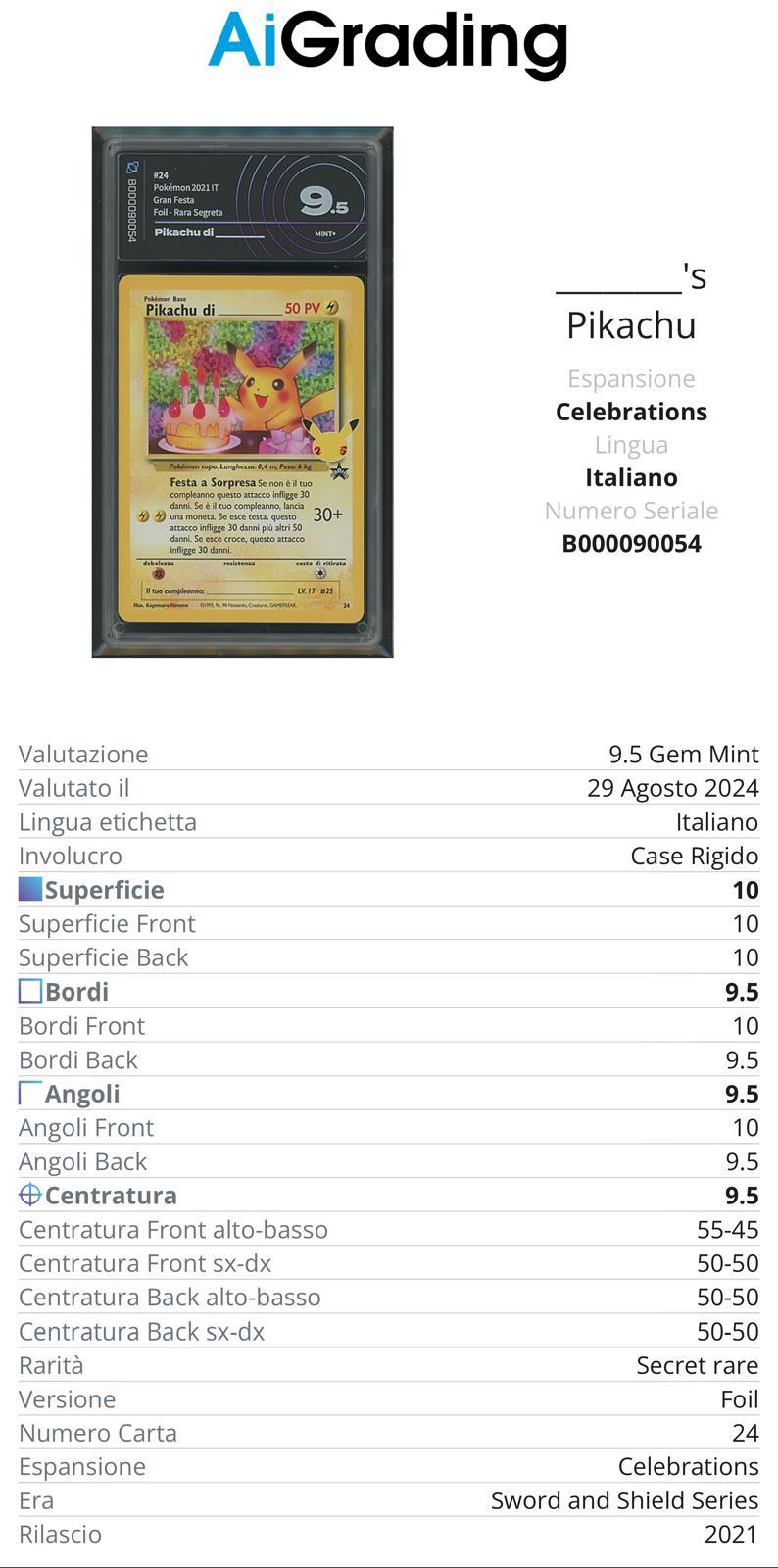 Pikachu di Compleanno Gran Festa 024 Gradata AiGrading Voto 9,5 - B000090054 -