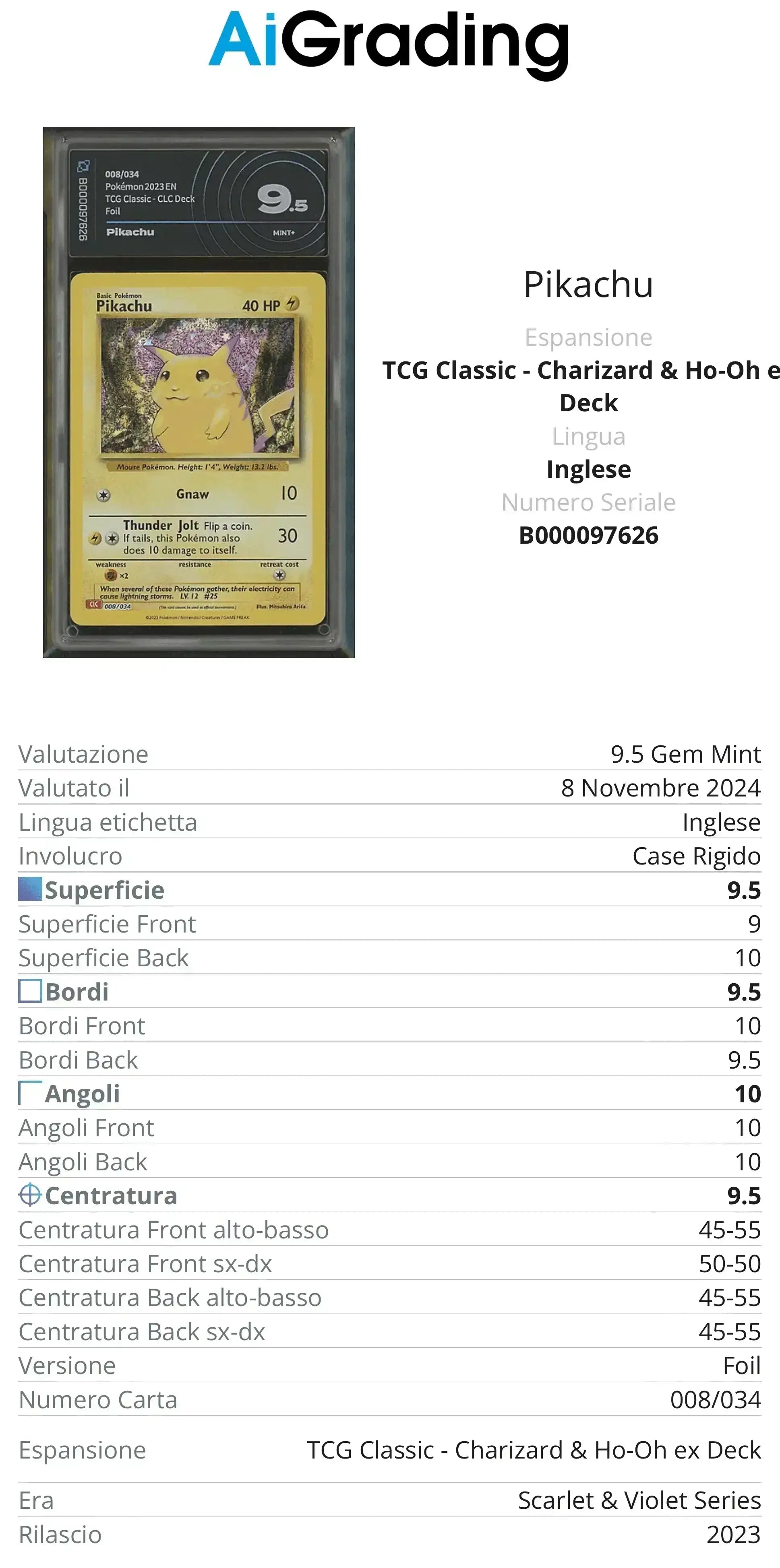Pikachu TCG Classic Gradata AiGrading Voto 9,5 - B000097626