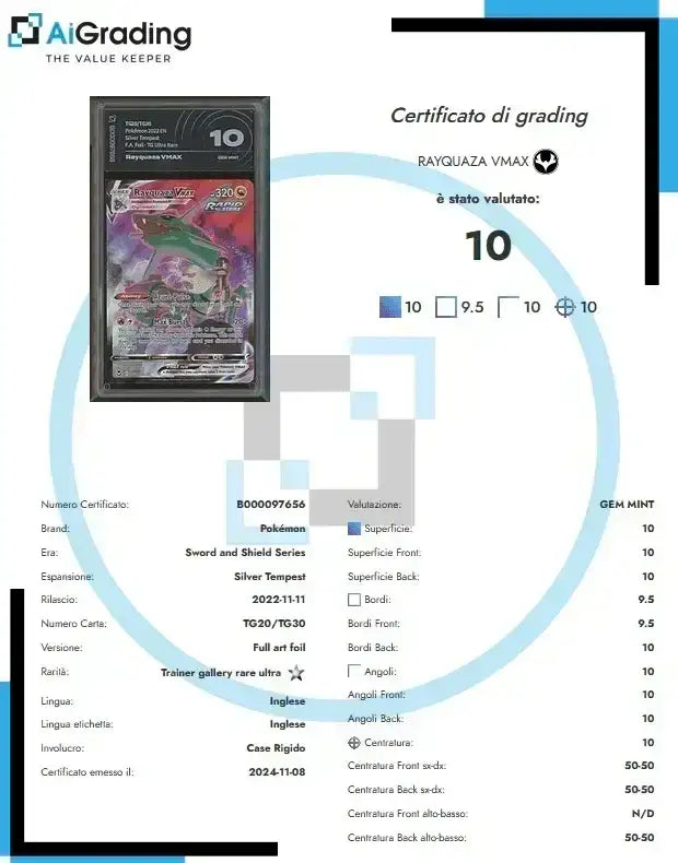 Rayquaza Vmax Silver Tempest AiGrading Voto 10 - B000097656