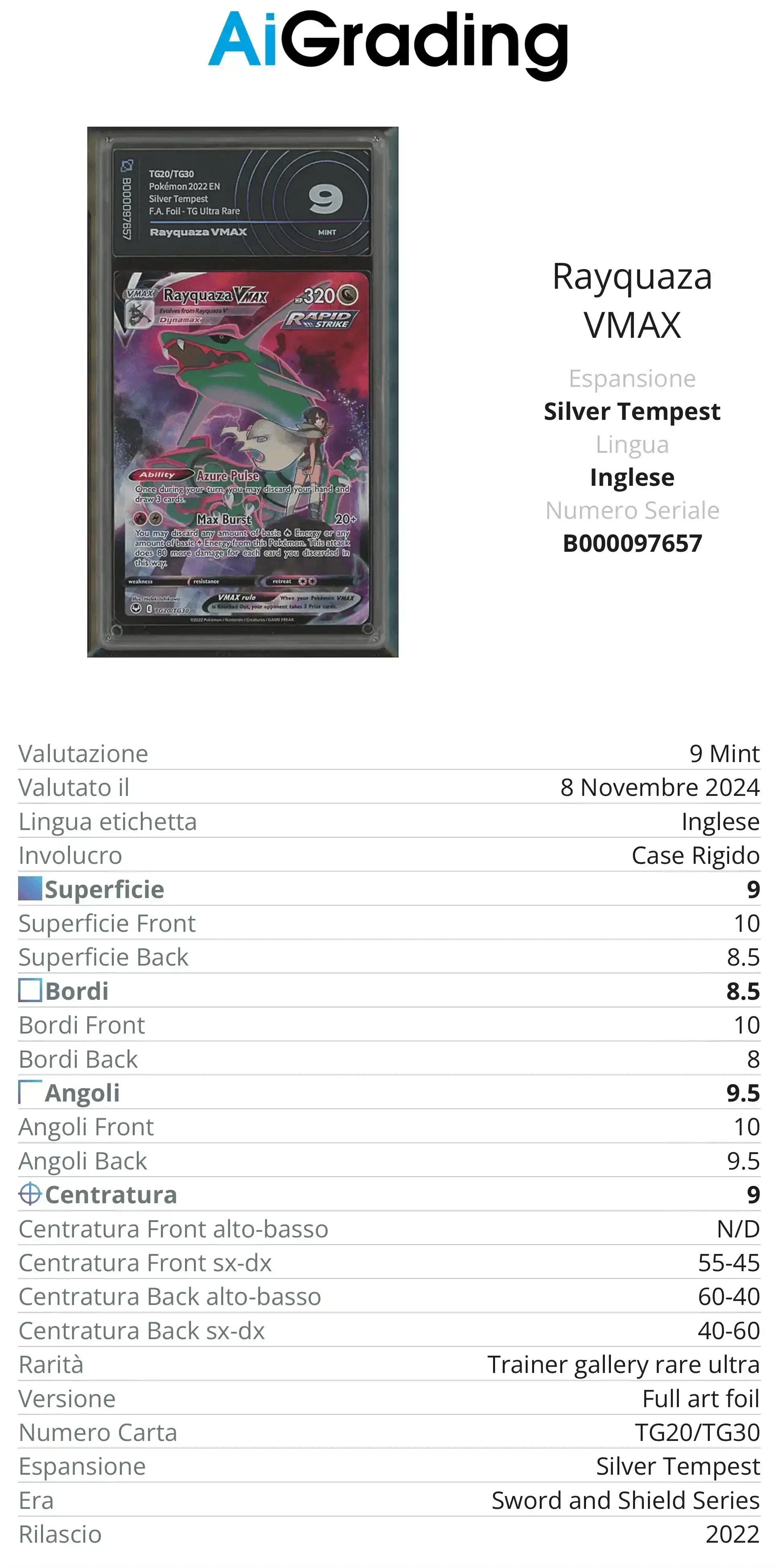 Rayquaza Vmax Silver Tempest AiGrading Voto 9 - B000097657