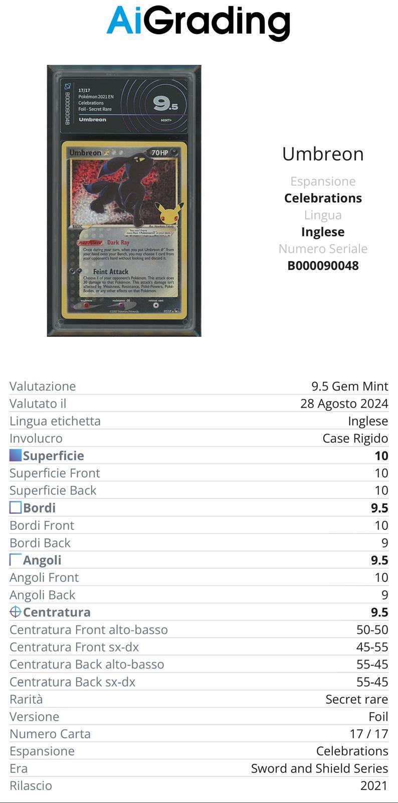 Umbreon Gold Star Celebrations 17/17 Gradata AiGrading Voto 9,5 - B000090048 -