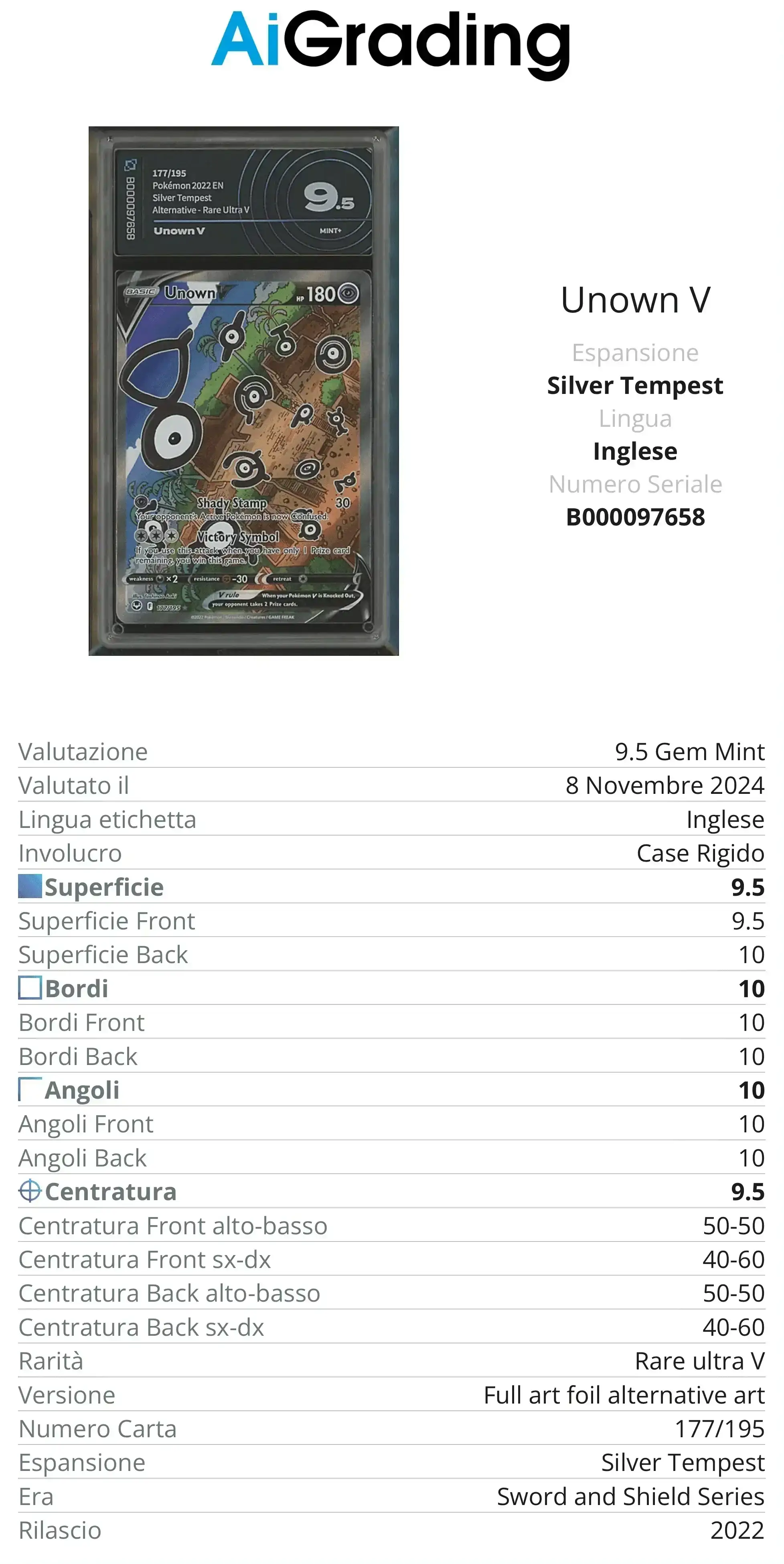 Unown V Silver Tempest AiGrading Voto 9,5 - B000097658