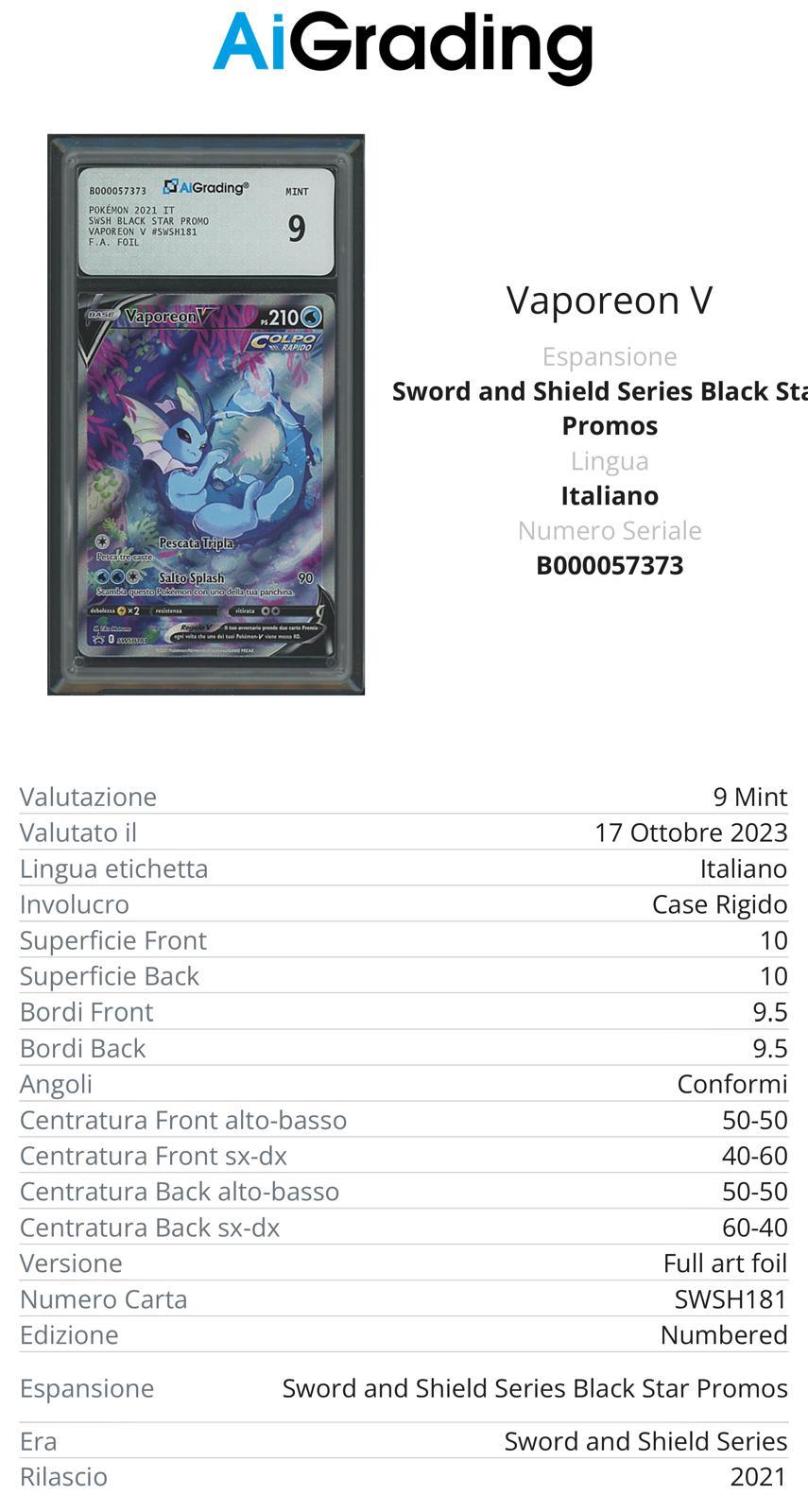 Vaporeon V Black Star Promo SWSH181 Full Art Foil Gradata 9 -