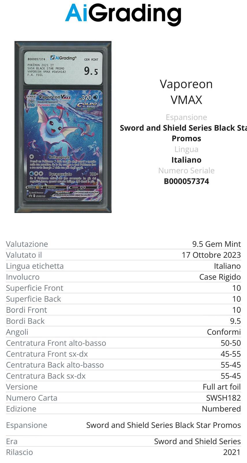 Vaporeon VMax Black Star Promo SWSH182 Full Art Foil Gradata 9,5 -