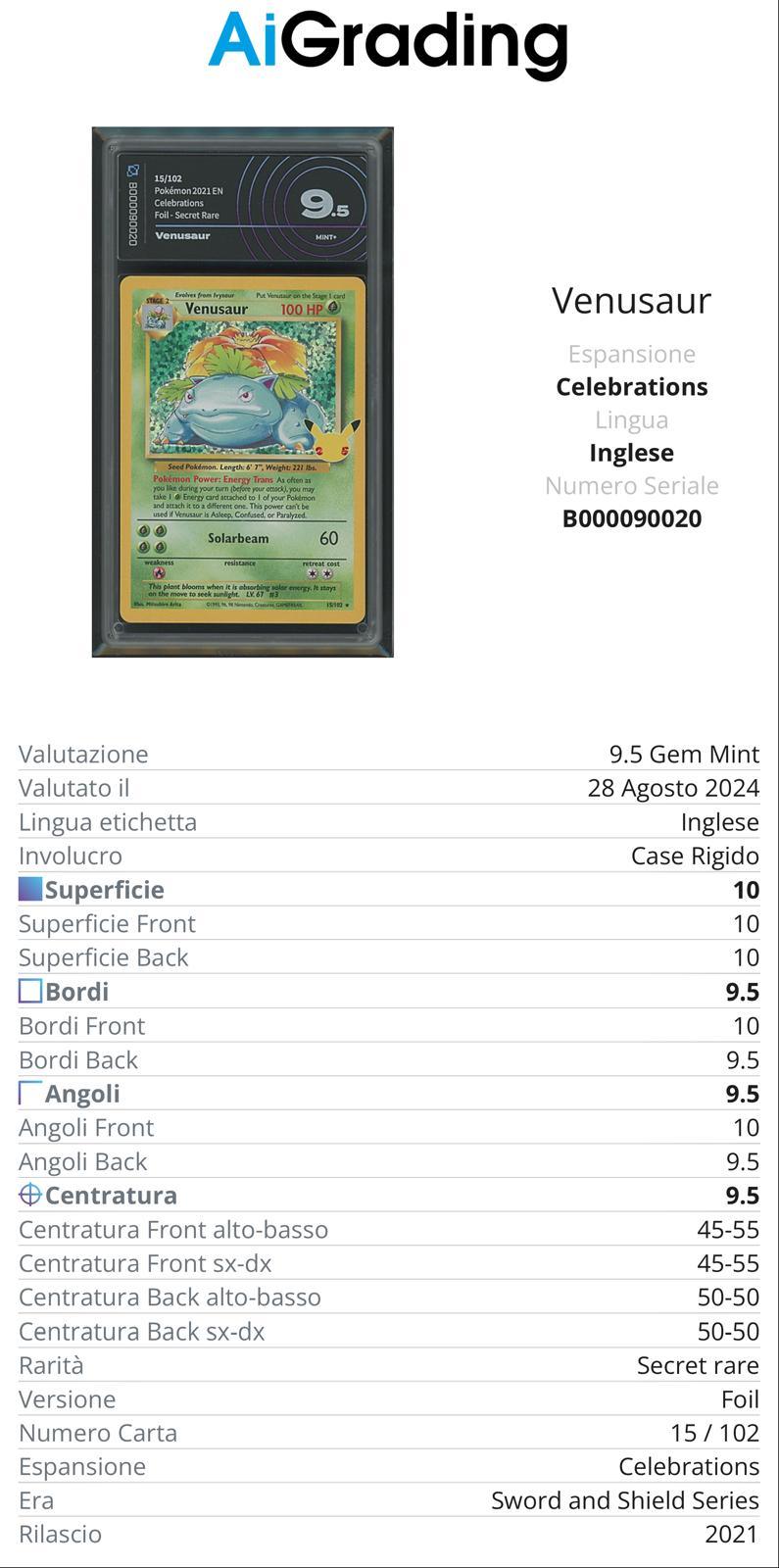 Venusaur Celebrations 15/102 Gradata AiGrading Voto 9,5 - B000090020 -