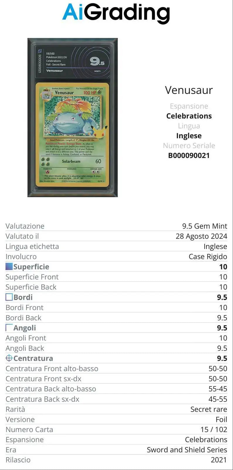 Venusaur Celebrations 15/102 Gradata AiGrading Voto 9,5 - B000090021