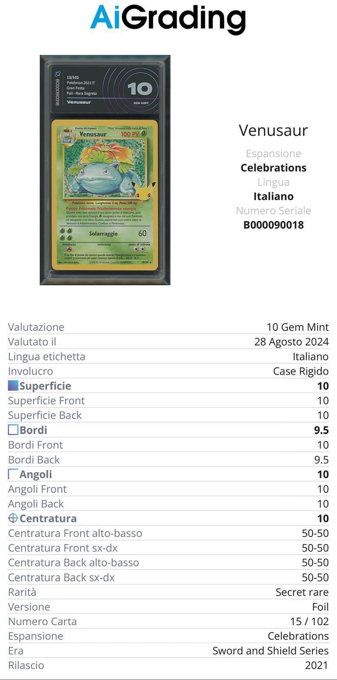 Venusaur Gran Festa 15/102 Gradata AiGrading Voto 10 - B000090018