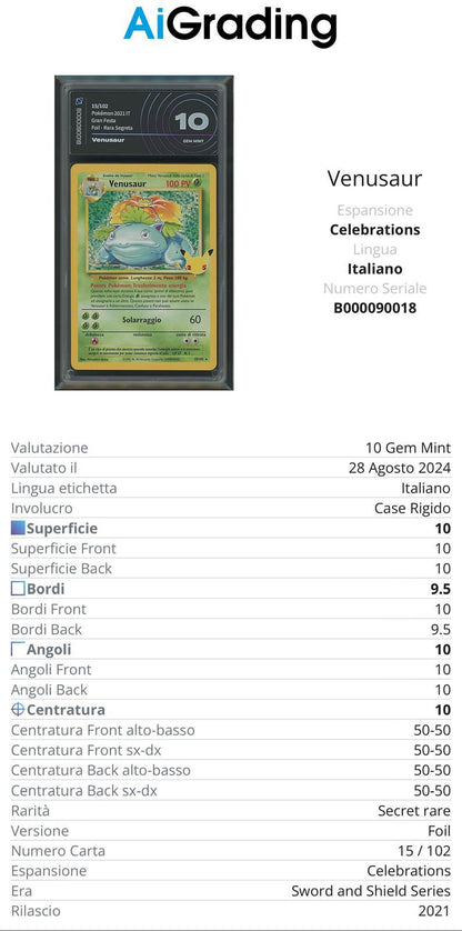 Venusaur Gran Festa 15/102 Gradata AiGrading Voto 10 - B000090018 -