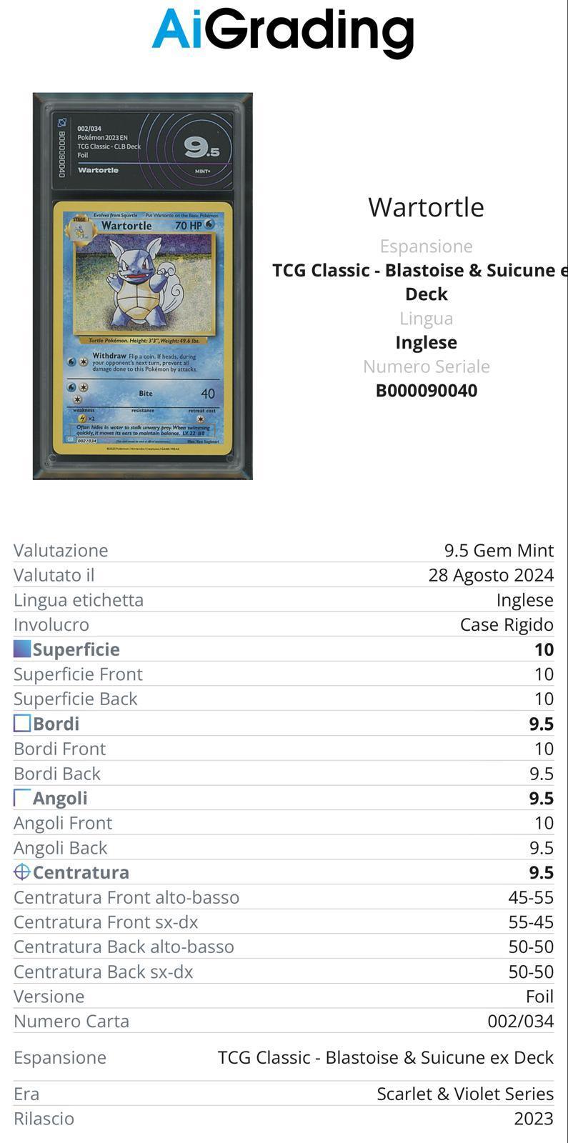 Wartortle Tcg Classic 002/034 Gradata AiGrading Voto 9,5 - B000090040 -