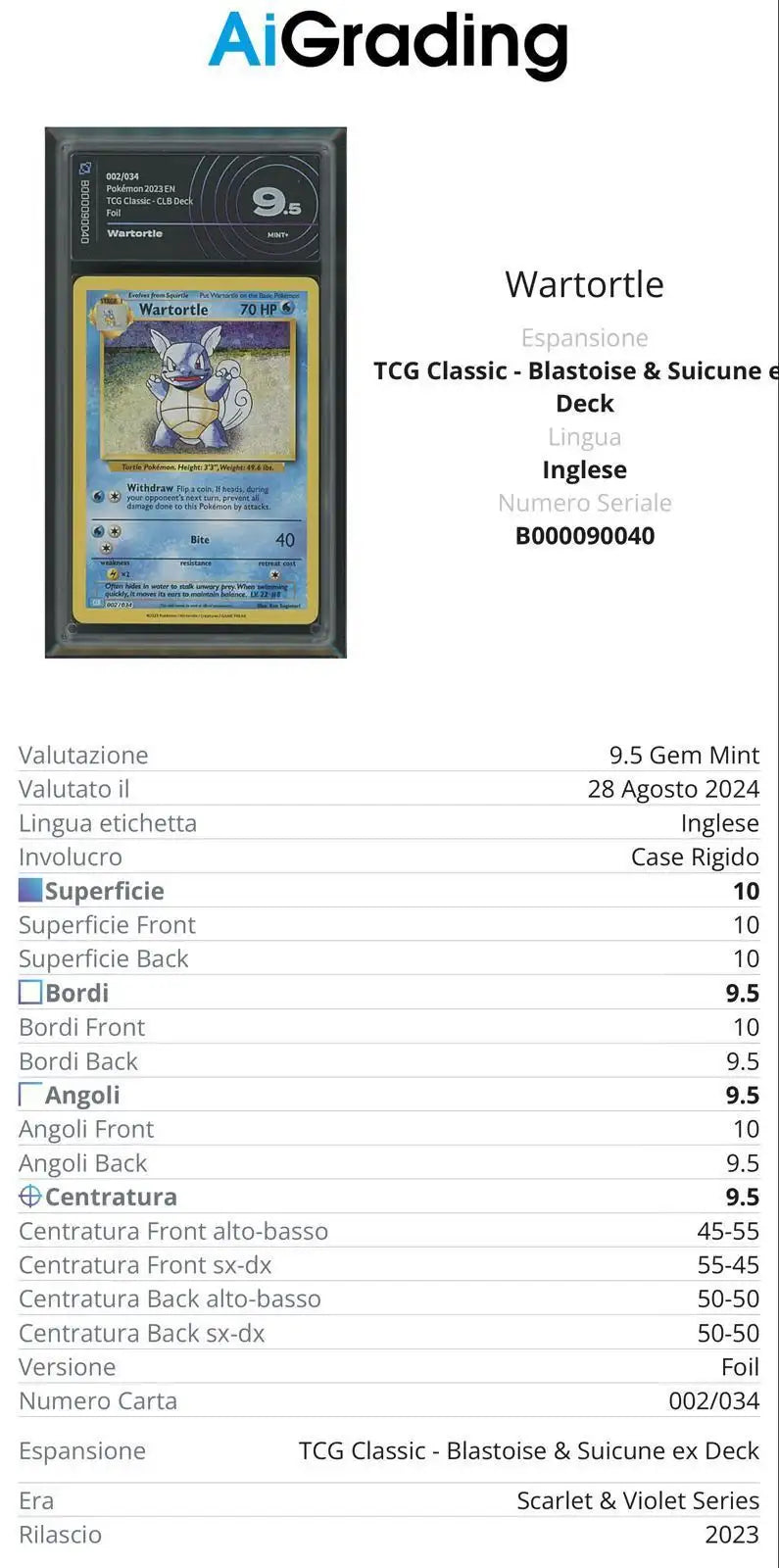Wartortle Tcg Classic 002/034 Gradata AiGrading Voto 9,5 - B000090040